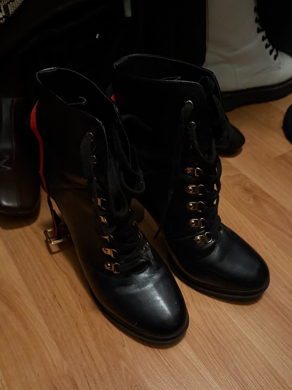 JustFab Black Lace-Up High Heel Ankle Boots with Red Stripe